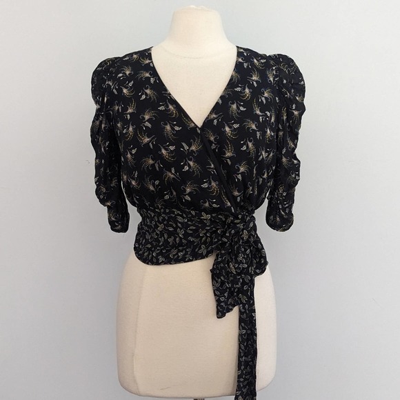 Bailey44 Wrap Blouse Puff Sleeve Floral Black Crop Blouse with Tie Front Medium - Picture 2 of 9